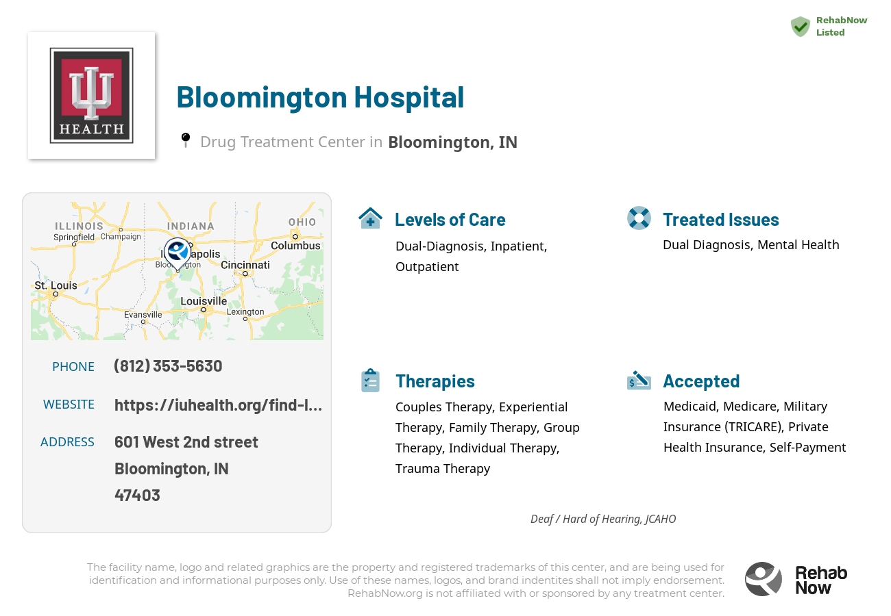 Helpful reference information for Bloomington Hospital, a drug treatment center in Indiana located at: 601 601 West 2nd street, Bloomington, IN 47403, including phone numbers, official website, and more. Listed briefly is an overview of Levels of Care, Therapies Offered, Issues Treated, and accepted forms of Payment Methods.