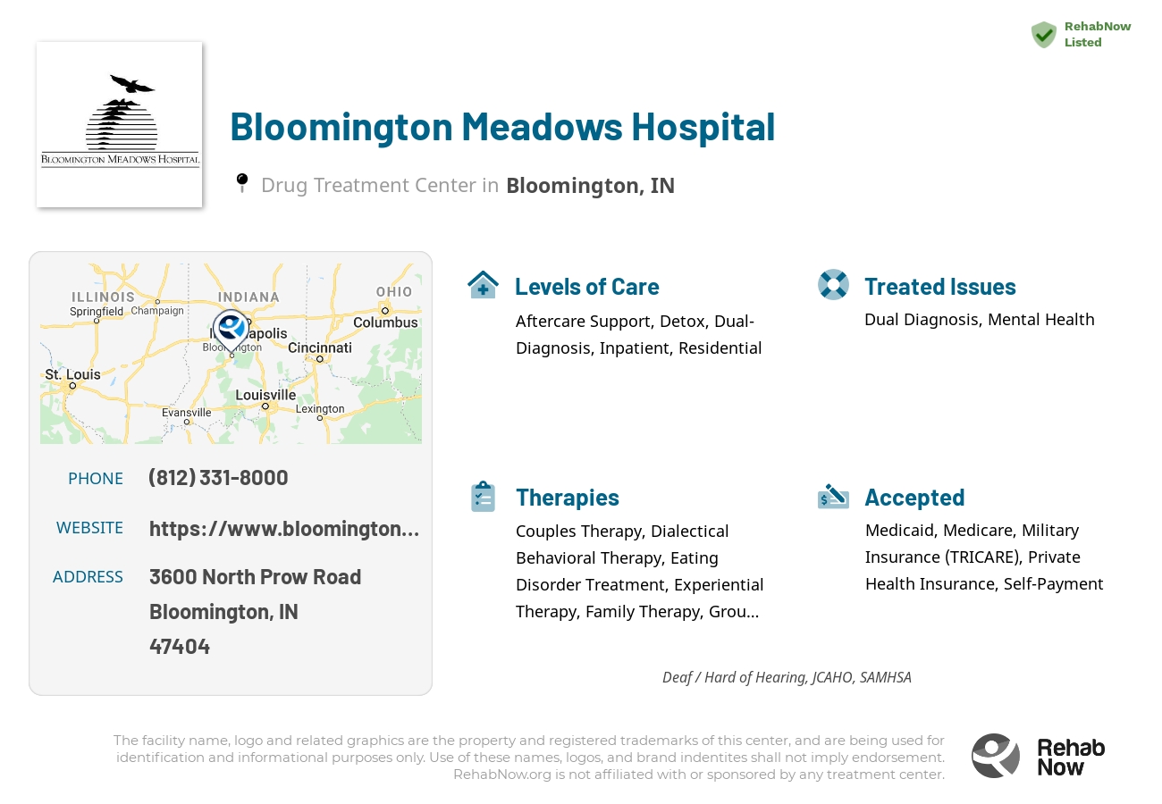 Helpful reference information for Bloomington Meadows Hospital, a drug treatment center in Indiana located at: 3600 North Prow Road, Bloomington, IN, 47404, including phone numbers, official website, and more. Listed briefly is an overview of Levels of Care, Therapies Offered, Issues Treated, and accepted forms of Payment Methods.