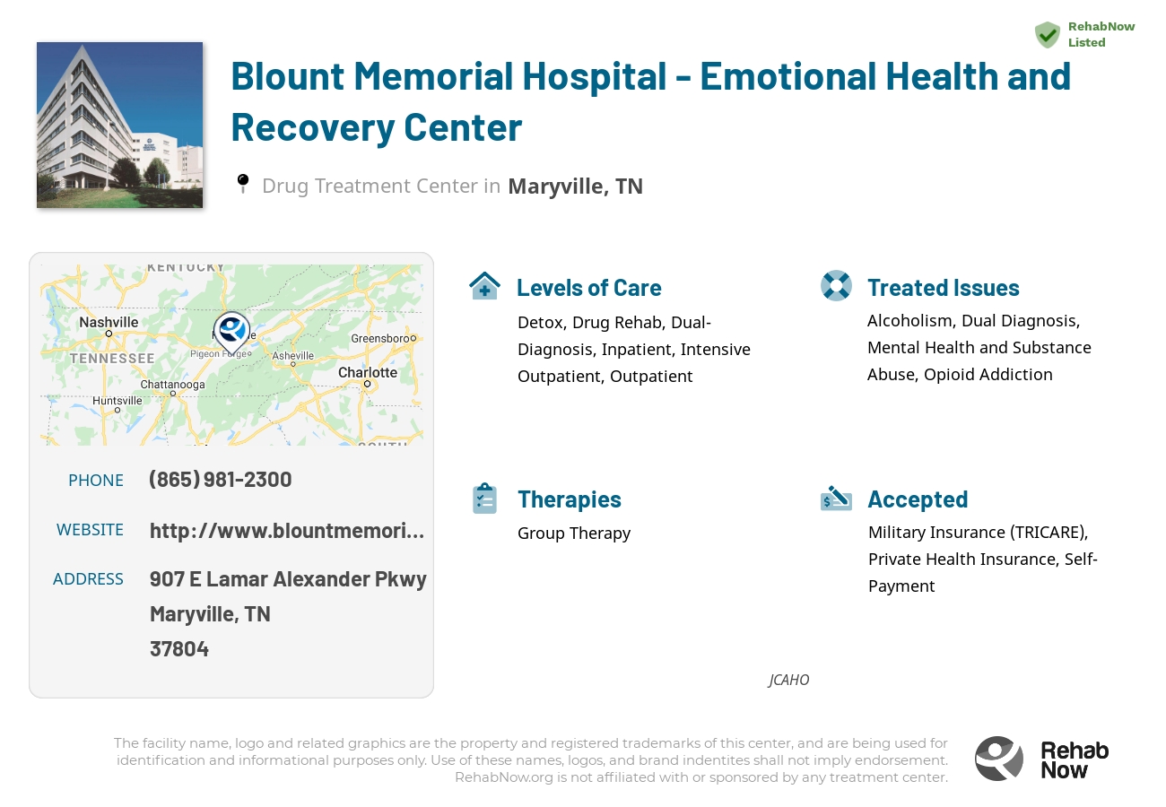Helpful reference information for Blount Memorial Hospital - Emotional Health and Recovery Center, a drug treatment center in Tennessee located at: 907 E Lamar Alexander Pkwy, Maryville, TN 37804, including phone numbers, official website, and more. Listed briefly is an overview of Levels of Care, Therapies Offered, Issues Treated, and accepted forms of Payment Methods.