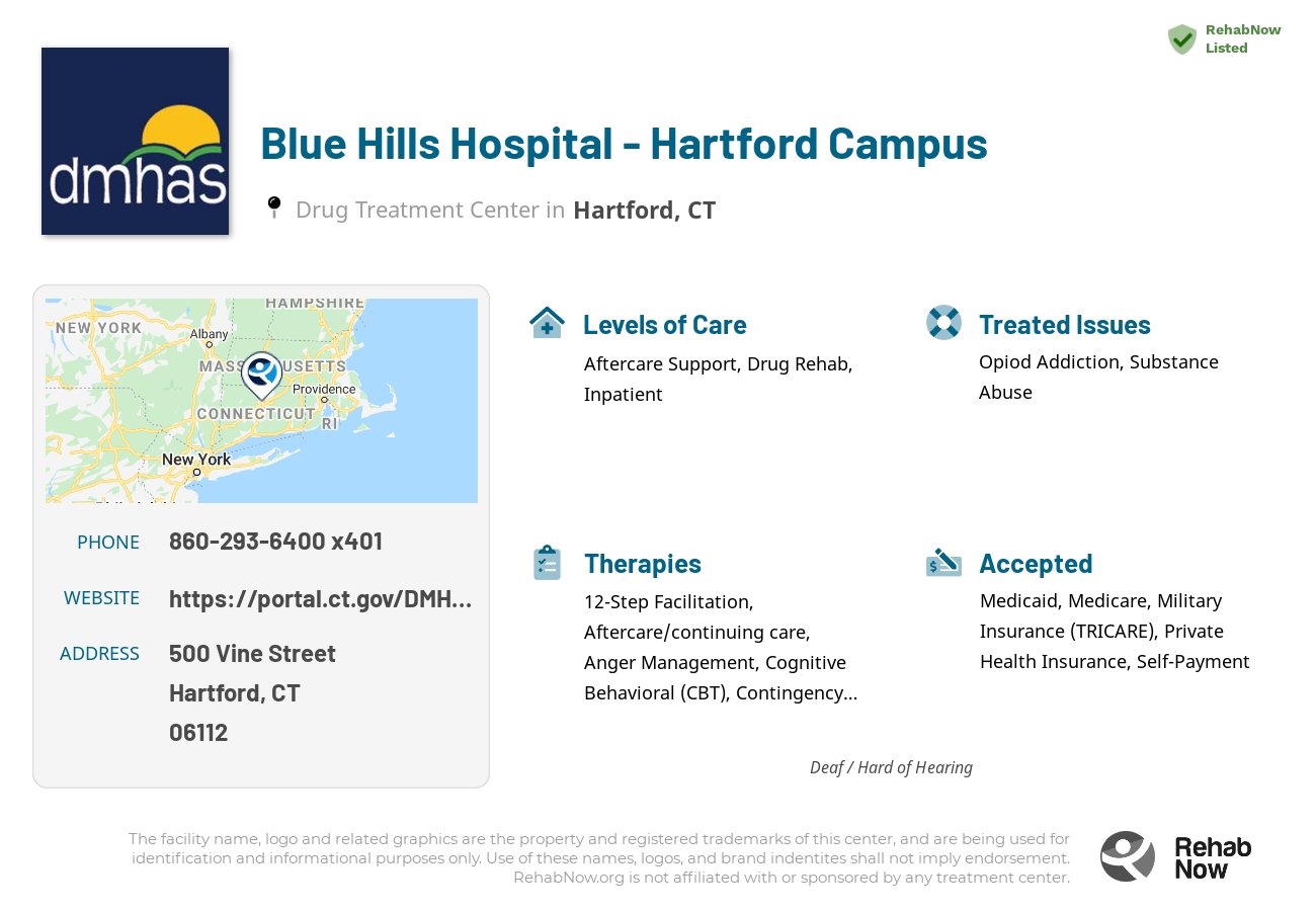Helpful reference information for Blue Hills Hospital - Hartford Campus, a drug treatment center in Connecticut located at: 500-Vine Street, Hartford, CT, 06112, including phone numbers, official website, and more. Listed briefly is an overview of Levels of Care, Therapies Offered, Issues Treated, and accepted forms of Payment Methods.