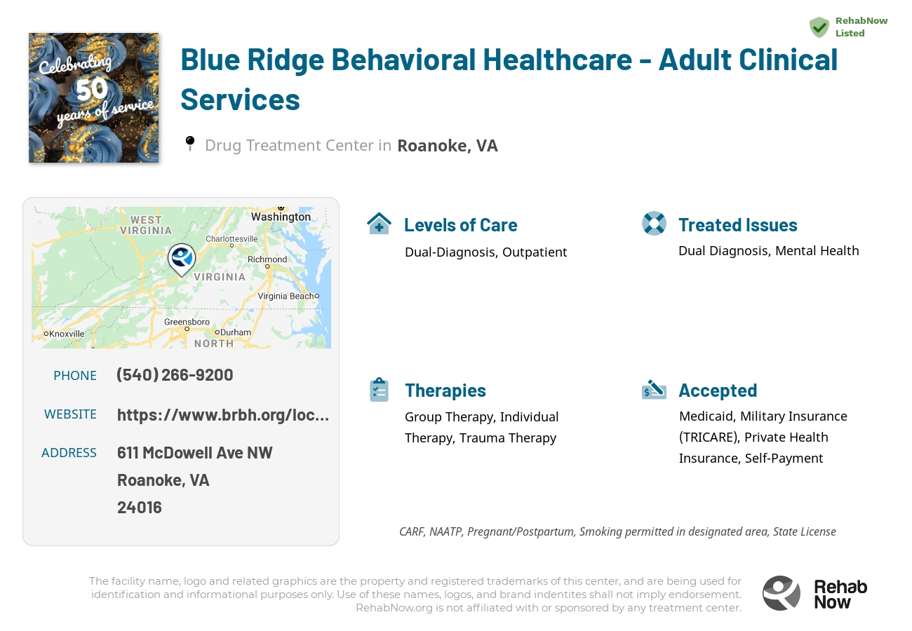Helpful reference information for Blue Ridge Behavioral Healthcare - Adult Clinical Services, a drug treatment center in Virginia located at: 611 McDowell Ave NW, Roanoke, VA 24016, including phone numbers, official website, and more. Listed briefly is an overview of Levels of Care, Therapies Offered, Issues Treated, and accepted forms of Payment Methods.