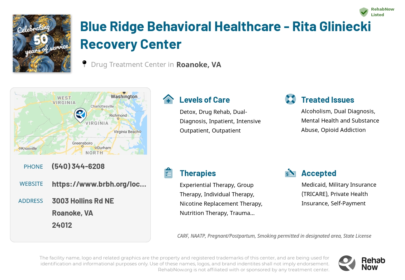 Helpful reference information for Blue Ridge Behavioral Healthcare - Rita Gliniecki Recovery Center, a drug treatment center in Virginia located at: 3003 Hollins Rd NE, Roanoke, VA 24012, including phone numbers, official website, and more. Listed briefly is an overview of Levels of Care, Therapies Offered, Issues Treated, and accepted forms of Payment Methods.