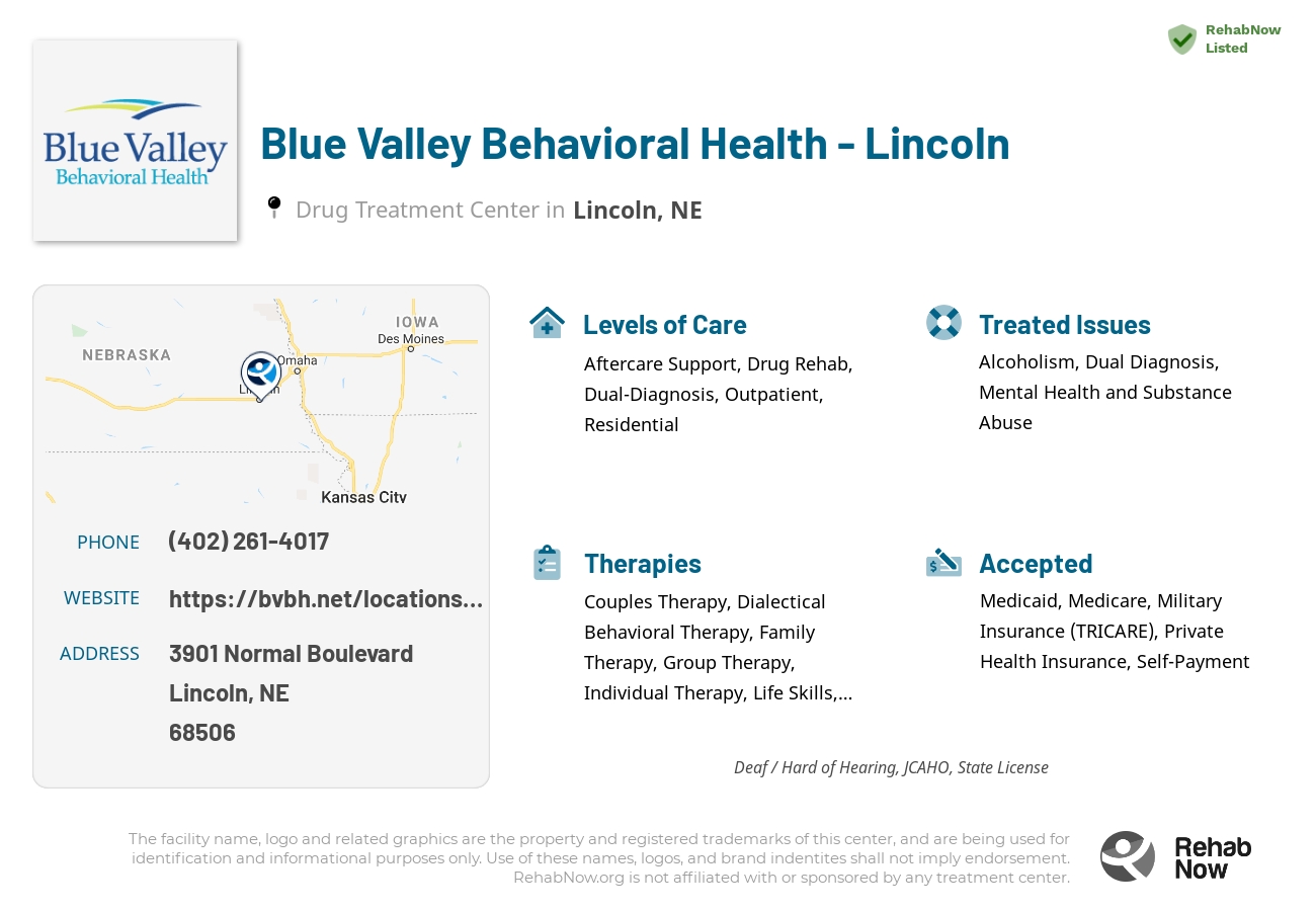 Helpful reference information for Blue Valley Behavioral Health - Lincoln, a drug treatment center in Nebraska located at: 3901 3901 Normal Boulevard, Lincoln, NE 68506, including phone numbers, official website, and more. Listed briefly is an overview of Levels of Care, Therapies Offered, Issues Treated, and accepted forms of Payment Methods.