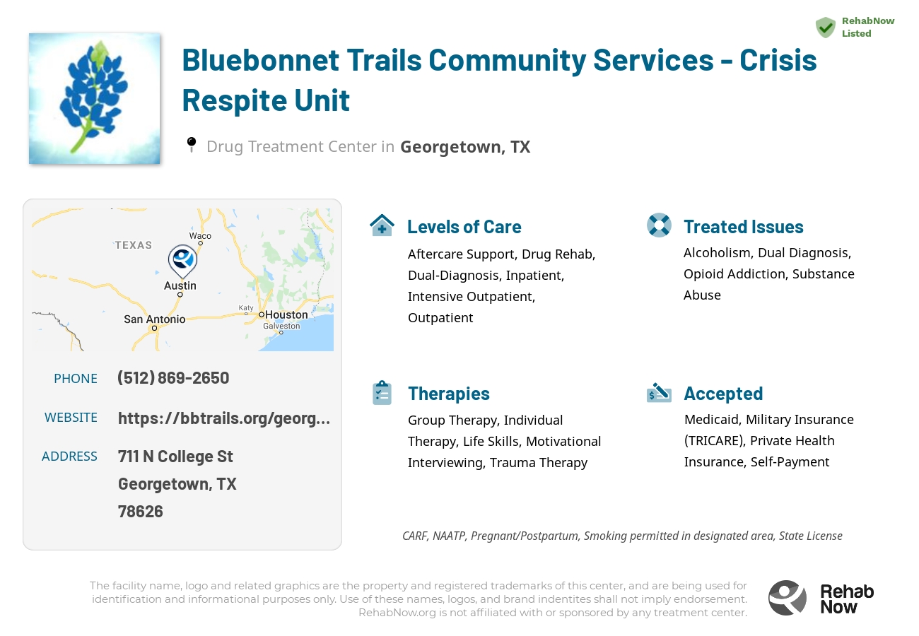 Helpful reference information for Bluebonnet Trails Community Services - Crisis Respite Unit, a drug treatment center in Texas located at: 711 N College St, Georgetown, TX 78626, including phone numbers, official website, and more. Listed briefly is an overview of Levels of Care, Therapies Offered, Issues Treated, and accepted forms of Payment Methods.