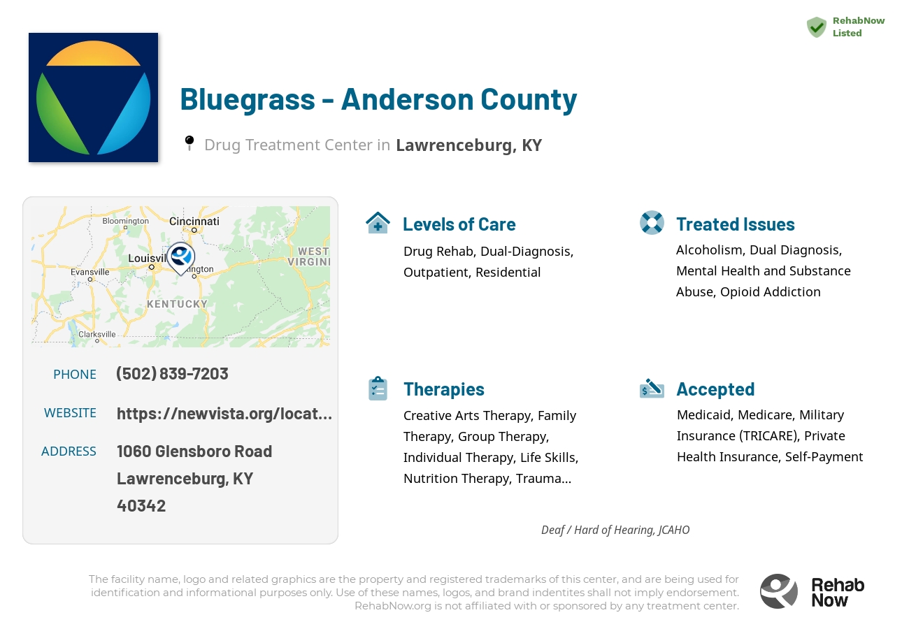 Helpful reference information for Bluegrass - Anderson County, a drug treatment center in Kentucky located at: 1060 Glensboro Road, Lawrenceburg, KY, 40342, including phone numbers, official website, and more. Listed briefly is an overview of Levels of Care, Therapies Offered, Issues Treated, and accepted forms of Payment Methods.