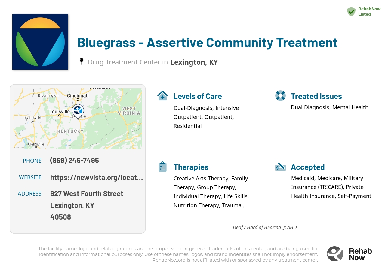Helpful reference information for Bluegrass - Assertive Community Treatment, a drug treatment center in Kentucky located at: 627 West Fourth Street, Lexington, KY, 40508, including phone numbers, official website, and more. Listed briefly is an overview of Levels of Care, Therapies Offered, Issues Treated, and accepted forms of Payment Methods.