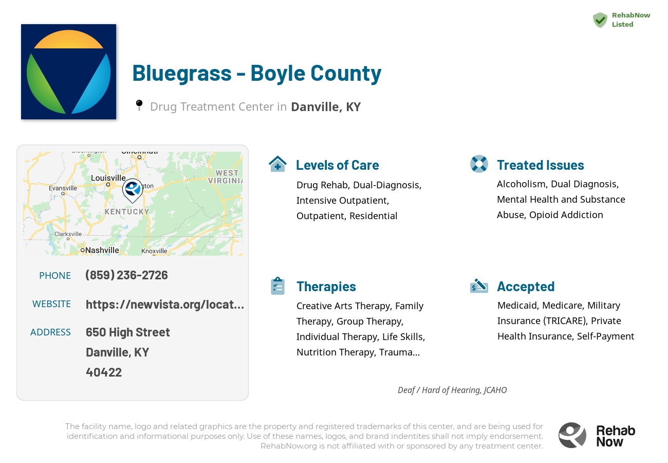 Helpful reference information for Bluegrass - Boyle County, a drug treatment center in Kentucky located at: 650 High Street, Danville, KY, 40422, including phone numbers, official website, and more. Listed briefly is an overview of Levels of Care, Therapies Offered, Issues Treated, and accepted forms of Payment Methods.