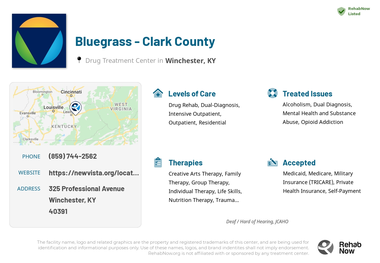 Helpful reference information for Bluegrass - Clark County, a drug treatment center in Kentucky located at: 325 Professional Avenue, Winchester, KY, 40391, including phone numbers, official website, and more. Listed briefly is an overview of Levels of Care, Therapies Offered, Issues Treated, and accepted forms of Payment Methods.