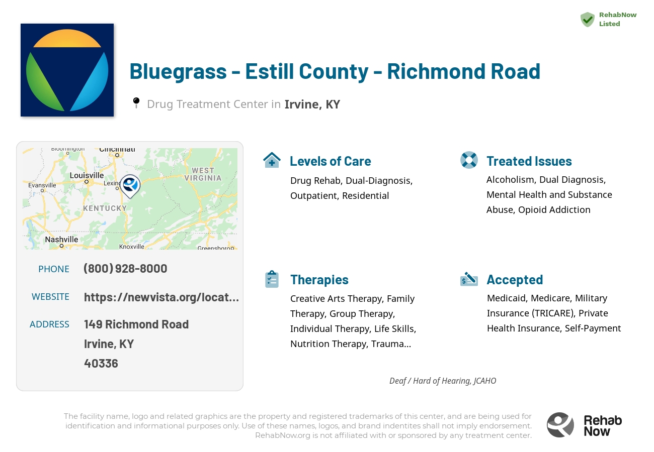 Helpful reference information for Bluegrass - Estill County - Richmond Road, a drug treatment center in Kentucky located at: 149 Richmond Road, Irvine, KY, 40336, including phone numbers, official website, and more. Listed briefly is an overview of Levels of Care, Therapies Offered, Issues Treated, and accepted forms of Payment Methods.
