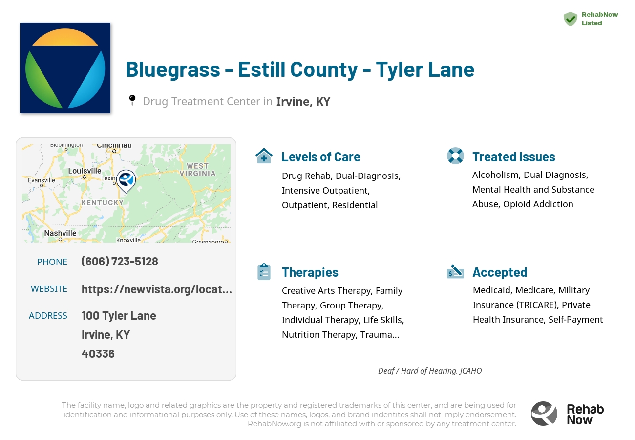 Helpful reference information for Bluegrass - Estill County - Tyler Lane, a drug treatment center in Kentucky located at: 100 Tyler Lane, Irvine, KY, 40336, including phone numbers, official website, and more. Listed briefly is an overview of Levels of Care, Therapies Offered, Issues Treated, and accepted forms of Payment Methods.