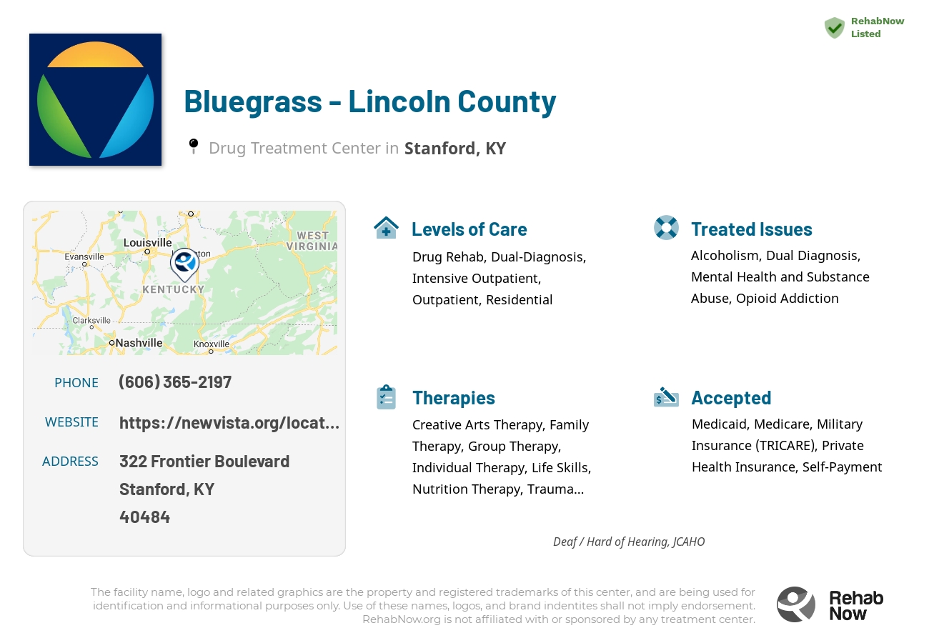 Helpful reference information for Bluegrass - Lincoln County, a drug treatment center in Kentucky located at: 322 Frontier Boulevard, Stanford, KY, 40484, including phone numbers, official website, and more. Listed briefly is an overview of Levels of Care, Therapies Offered, Issues Treated, and accepted forms of Payment Methods.