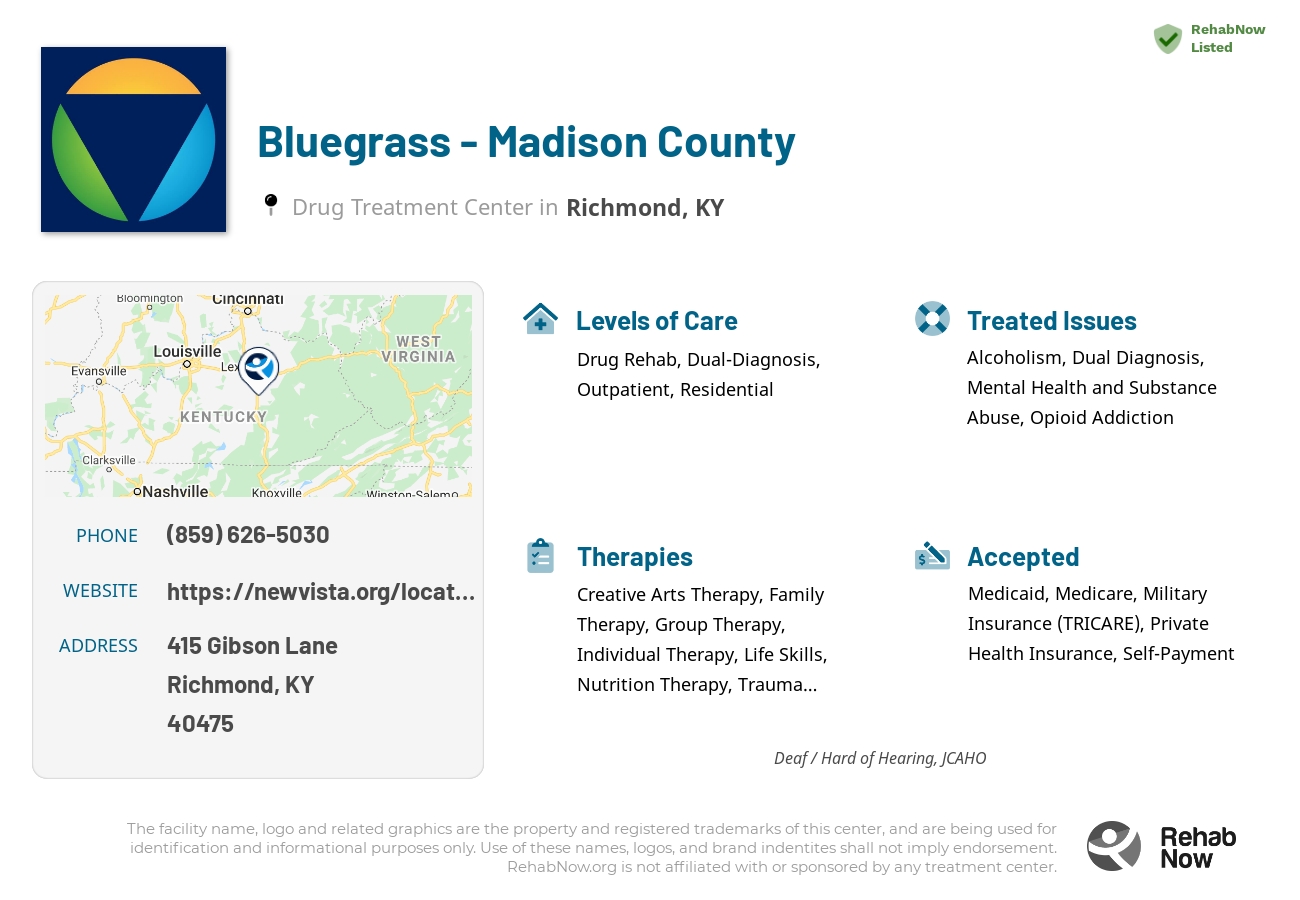 Helpful reference information for Bluegrass - Madison County, a drug treatment center in Kentucky located at: 415 Gibson Lane, Richmond, KY, 40475, including phone numbers, official website, and more. Listed briefly is an overview of Levels of Care, Therapies Offered, Issues Treated, and accepted forms of Payment Methods.
