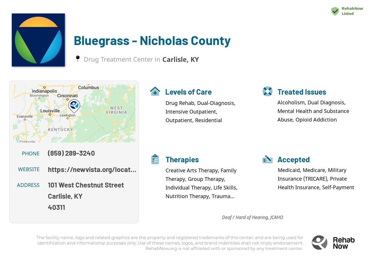 Helpful reference information for Bluegrass - Nicholas County, a drug treatment center in Kentucky located at: 101 West Chestnut Street, Carlisle, KY, 40311, including phone numbers, official website, and more. Listed briefly is an overview of Levels of Care, Therapies Offered, Issues Treated, and accepted forms of Payment Methods.