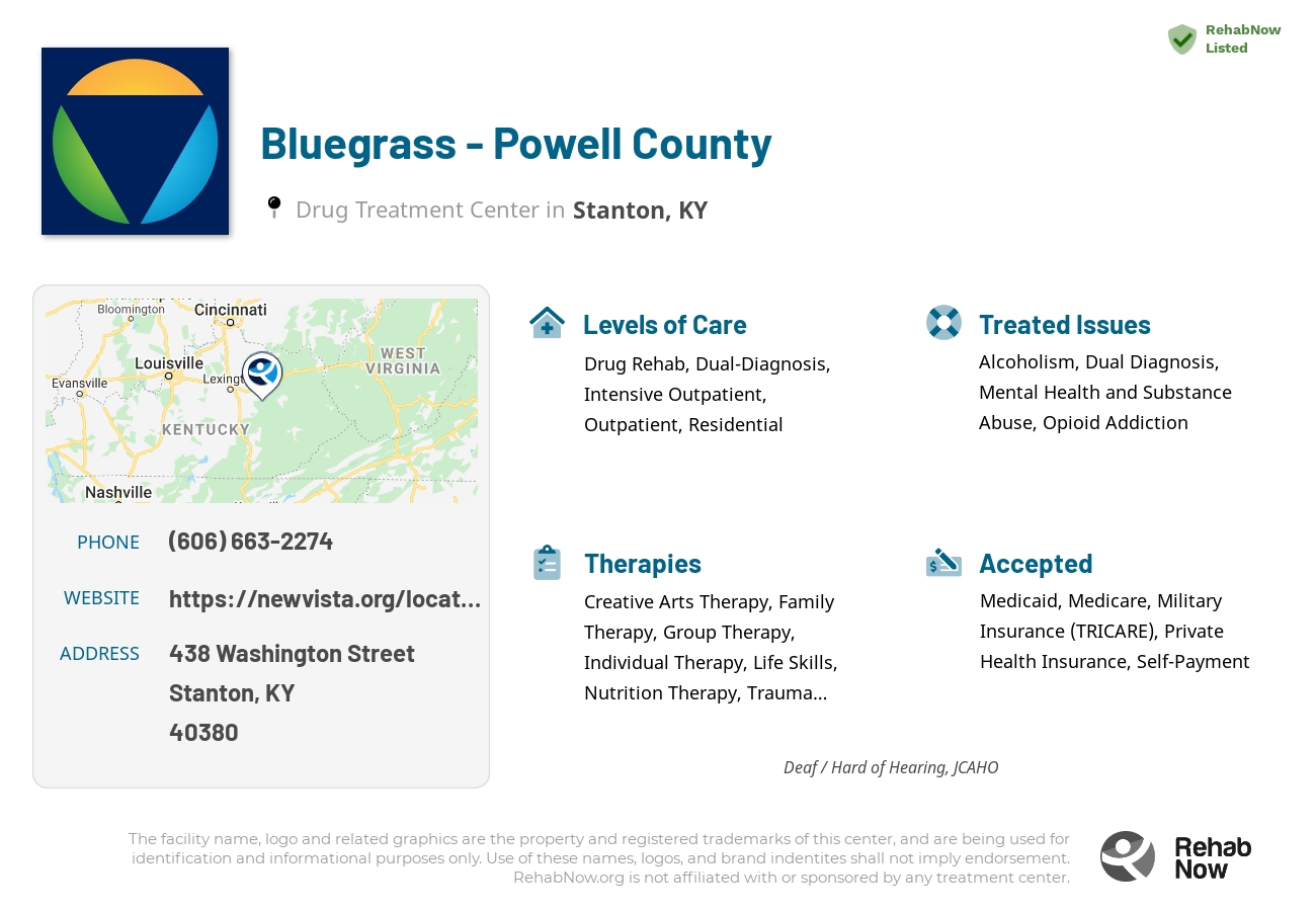 Helpful reference information for Bluegrass - Powell County, a drug treatment center in Kentucky located at: 438 Washington Street, Stanton, KY, 40380, including phone numbers, official website, and more. Listed briefly is an overview of Levels of Care, Therapies Offered, Issues Treated, and accepted forms of Payment Methods.