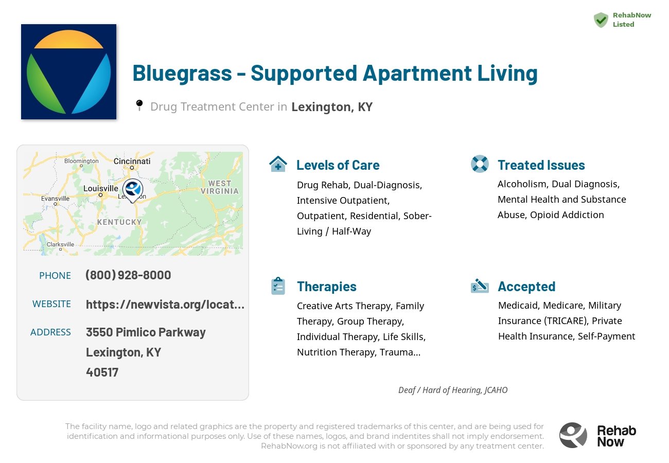 Helpful reference information for Bluegrass - Supported Apartment Living, a drug treatment center in Kentucky located at: 3550 Pimlico Parkway, Lexington, KY, 40517, including phone numbers, official website, and more. Listed briefly is an overview of Levels of Care, Therapies Offered, Issues Treated, and accepted forms of Payment Methods.