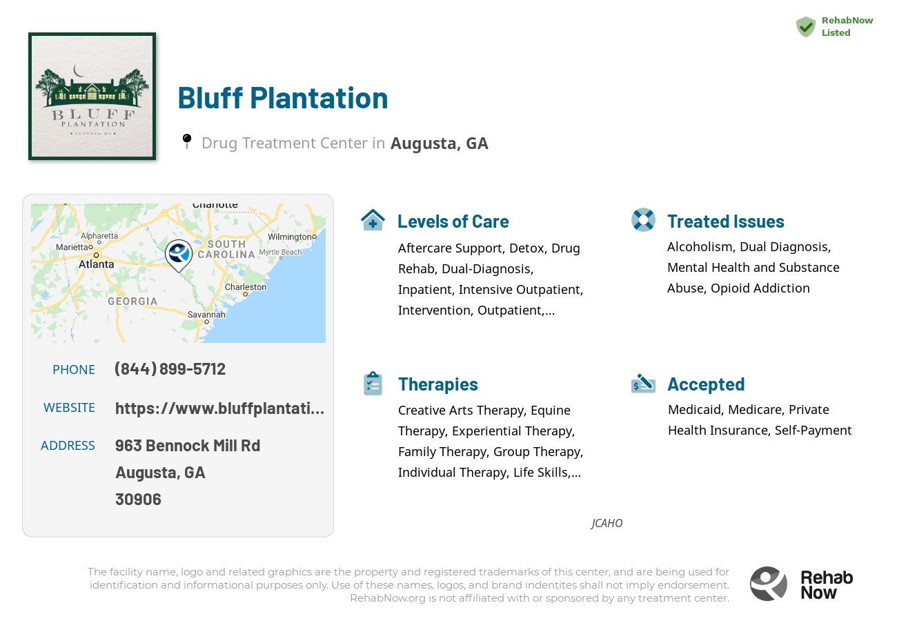 Helpful reference information for Bluff Plantation, a drug treatment center in Georgia located at: 963 963 Bennock Mill Rd, Augusta, GA 30906, including phone numbers, official website, and more. Listed briefly is an overview of Levels of Care, Therapies Offered, Issues Treated, and accepted forms of Payment Methods.