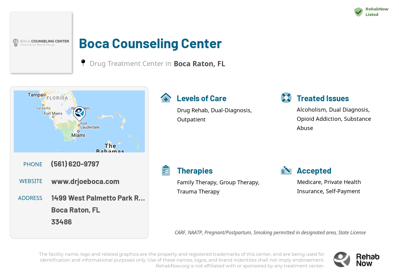 Helpful reference information for Boca Counseling Center, a drug treatment center in Florida located at: 1499 West Palmetto Park Road, Boca Raton, FL, 33486, including phone numbers, official website, and more. Listed briefly is an overview of Levels of Care, Therapies Offered, Issues Treated, and accepted forms of Payment Methods.
