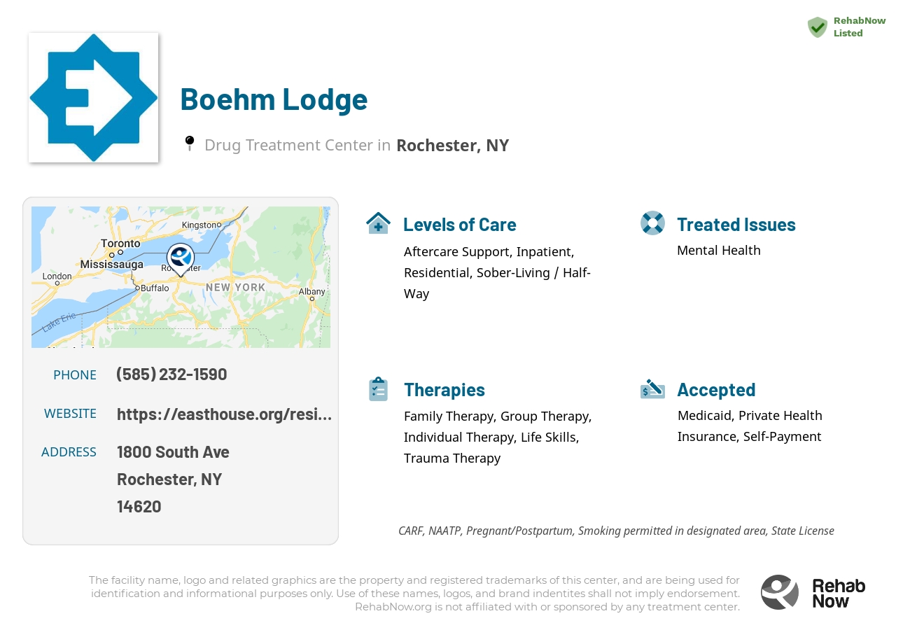 Helpful reference information for Boehm Lodge, a drug treatment center in New York located at: 1800 South Ave, Rochester, NY 14620, including phone numbers, official website, and more. Listed briefly is an overview of Levels of Care, Therapies Offered, Issues Treated, and accepted forms of Payment Methods.