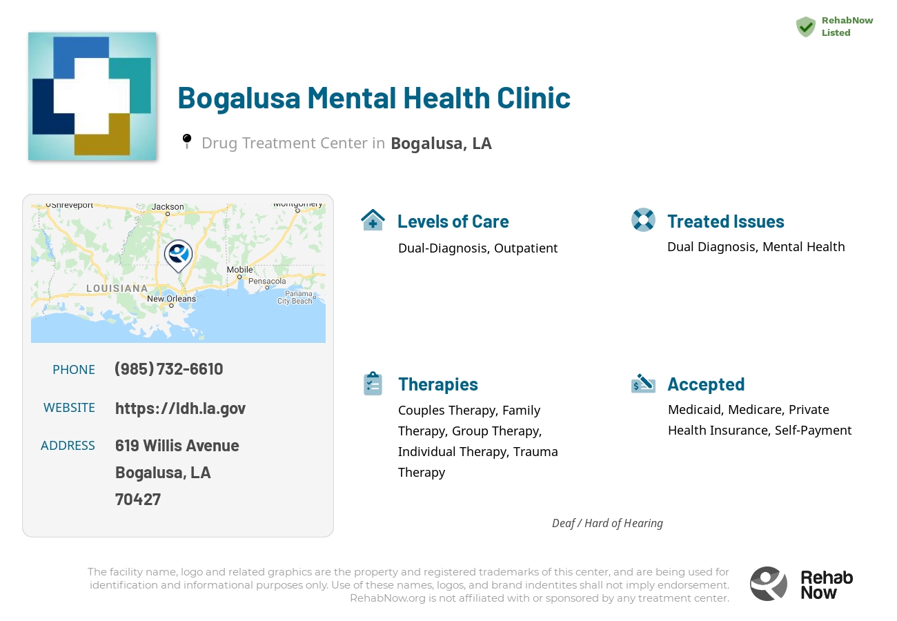 Helpful reference information for Bogalusa Mental Health Clinic, a drug treatment center in Louisiana located at: 619 619 Willis Avenue, Bogalusa, LA 70427, including phone numbers, official website, and more. Listed briefly is an overview of Levels of Care, Therapies Offered, Issues Treated, and accepted forms of Payment Methods.