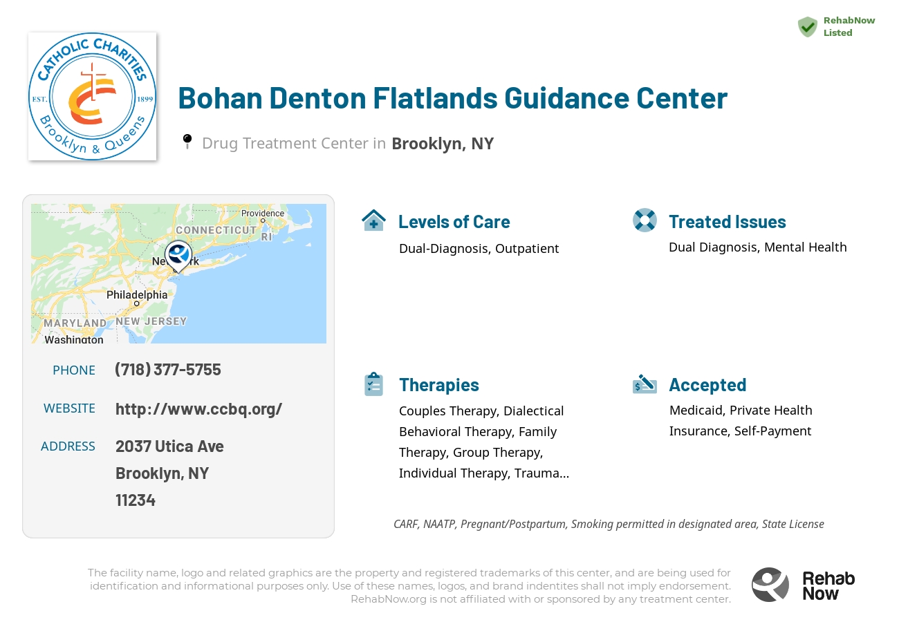 Helpful reference information for Bohan Denton Flatlands Guidance Center, a drug treatment center in New York located at: 2037 Utica Ave, Brooklyn, NY 11234, including phone numbers, official website, and more. Listed briefly is an overview of Levels of Care, Therapies Offered, Issues Treated, and accepted forms of Payment Methods.