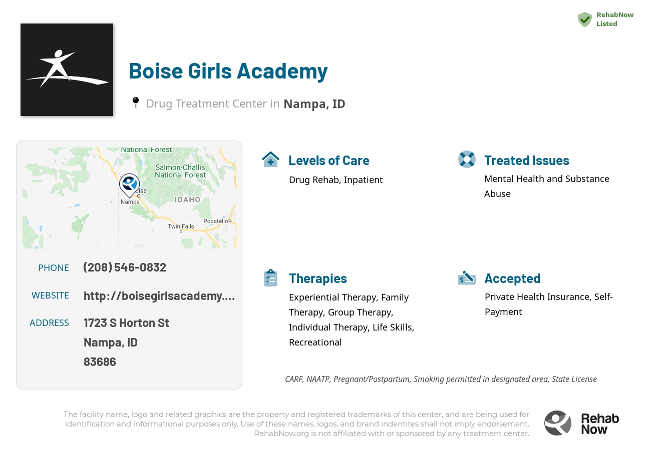Helpful reference information for Boise Girls Academy, a drug treatment center in Idaho located at: 1723 S Horton St, Nampa, ID, 83686, including phone numbers, official website, and more. Listed briefly is an overview of Levels of Care, Therapies Offered, Issues Treated, and accepted forms of Payment Methods.