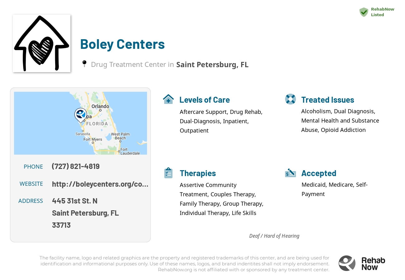 Helpful reference information for Boley Centers, a drug treatment center in Florida located at: 445 31st St. N, Saint Petersburg, FL, 33713, including phone numbers, official website, and more. Listed briefly is an overview of Levels of Care, Therapies Offered, Issues Treated, and accepted forms of Payment Methods.