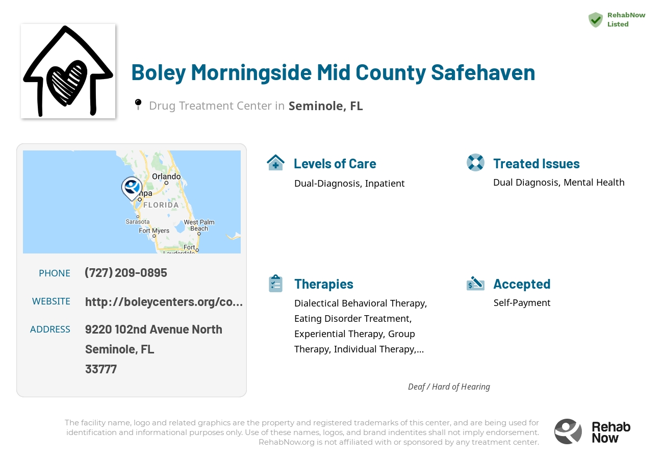 Helpful reference information for Boley Morningside Mid County Safehaven, a drug treatment center in Florida located at: 9220 102nd Avenue North, Seminole, FL, 33777, including phone numbers, official website, and more. Listed briefly is an overview of Levels of Care, Therapies Offered, Issues Treated, and accepted forms of Payment Methods.