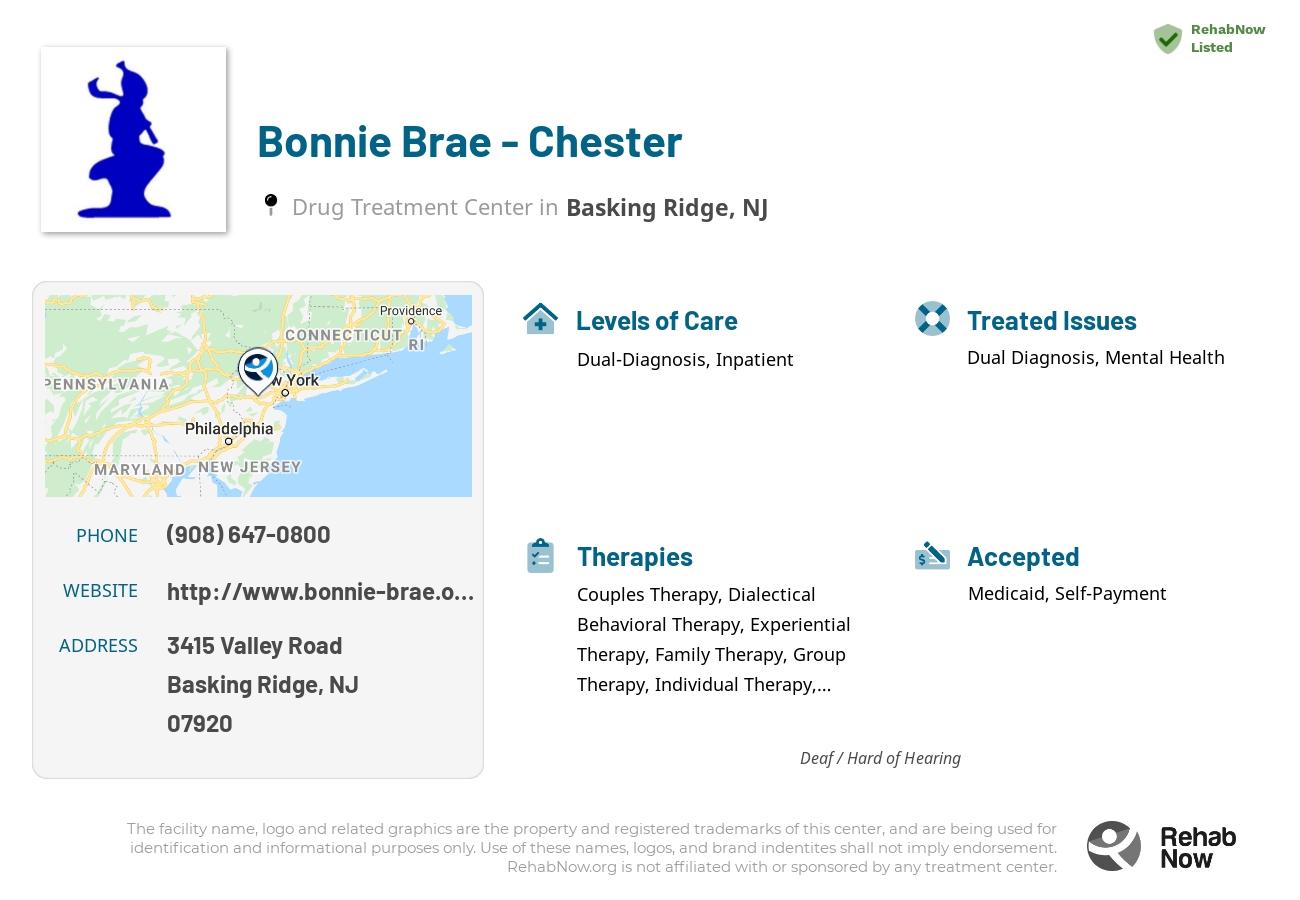 Helpful reference information for Bonnie Brae - Chester, a drug treatment center in New Jersey located at: 3415 Valley Road, Basking Ridge, NJ 7920, including phone numbers, official website, and more. Listed briefly is an overview of Levels of Care, Therapies Offered, Issues Treated, and accepted forms of Payment Methods.