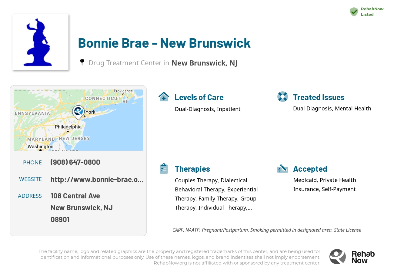 Helpful reference information for Bonnie Brae - New Brunswick, a drug treatment center in New Jersey located at: 108 Central Ave, New Brunswick, NJ 08901, including phone numbers, official website, and more. Listed briefly is an overview of Levels of Care, Therapies Offered, Issues Treated, and accepted forms of Payment Methods.