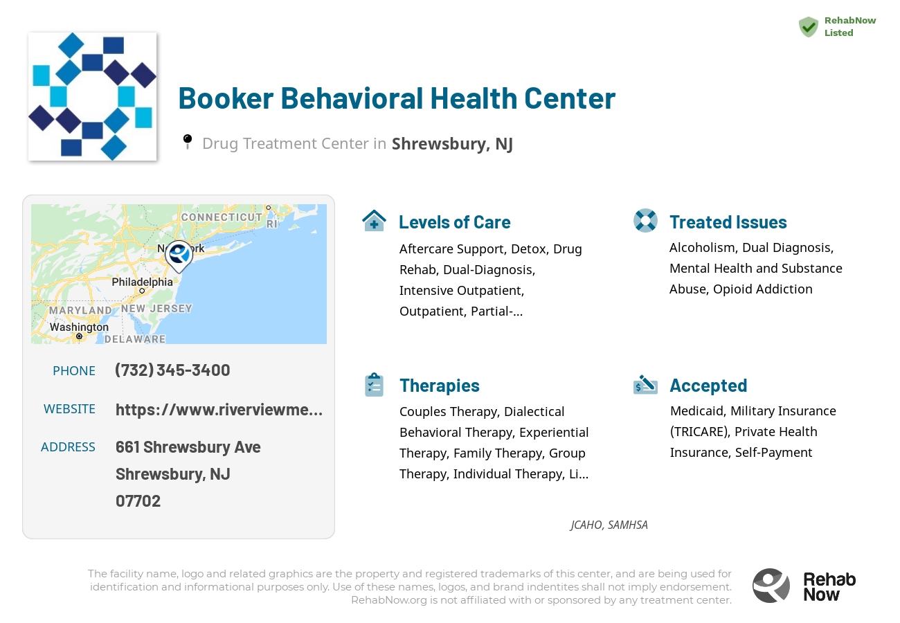 Helpful reference information for Booker Behavioral Health Center, a drug treatment center in New Jersey located at: 661 Shrewsbury Ave, Shrewsbury, NJ 07702, including phone numbers, official website, and more. Listed briefly is an overview of Levels of Care, Therapies Offered, Issues Treated, and accepted forms of Payment Methods.