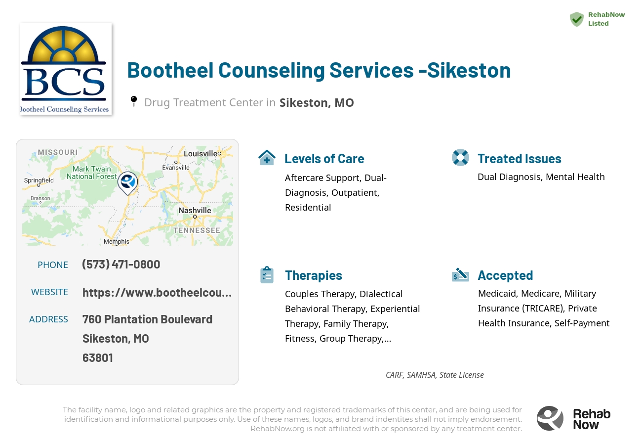 Helpful reference information for Bootheel Counseling Services  -Sikeston, a drug treatment center in Missouri located at: 760 Plantation Boulevard, Sikeston, MO 63801, including phone numbers, official website, and more. Listed briefly is an overview of Levels of Care, Therapies Offered, Issues Treated, and accepted forms of Payment Methods.
