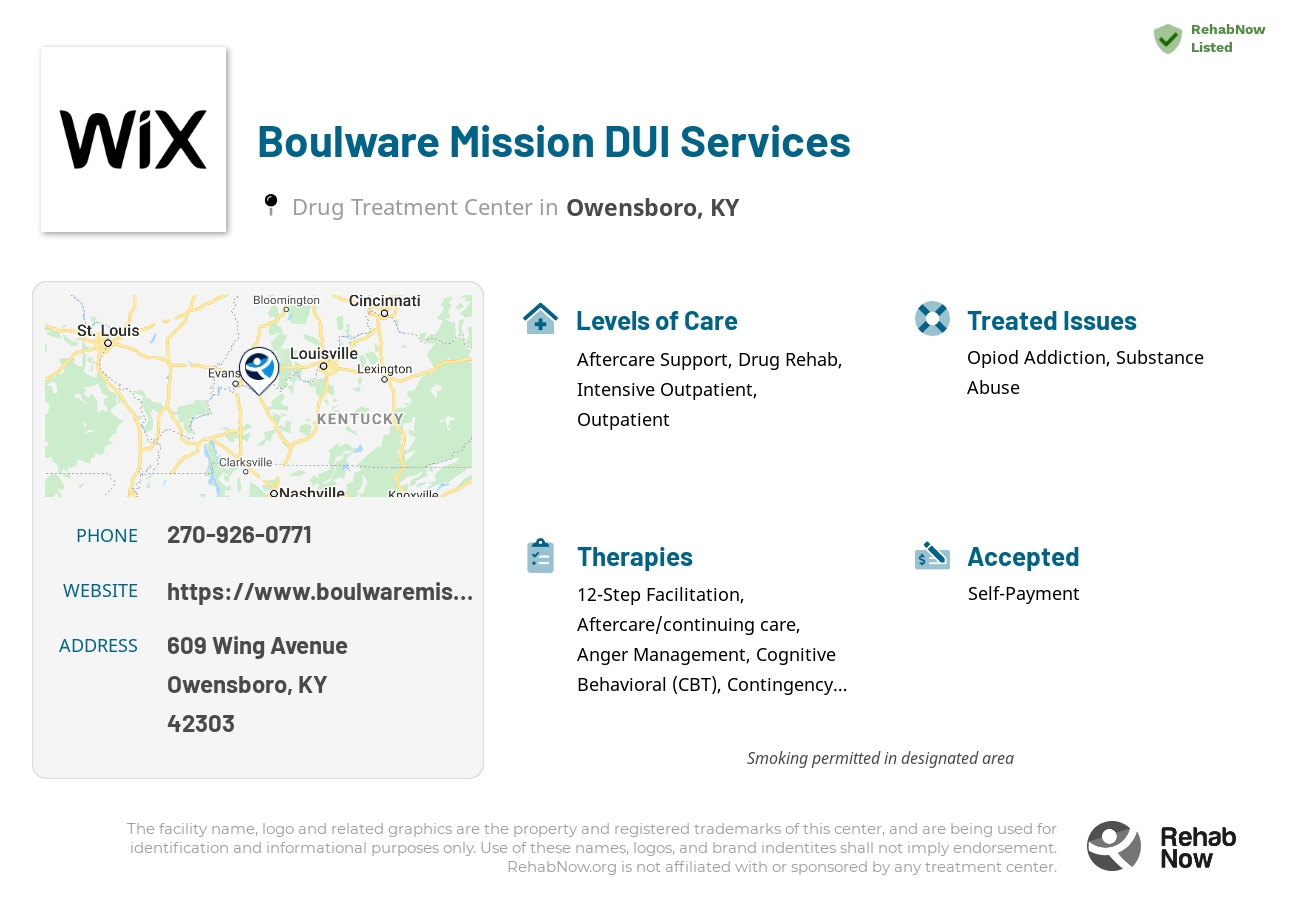 Helpful reference information for Boulware Mission DUI Services, a drug treatment center in Kentucky located at: 609 Wing Avenue, Owensboro, KY 42303, including phone numbers, official website, and more. Listed briefly is an overview of Levels of Care, Therapies Offered, Issues Treated, and accepted forms of Payment Methods.