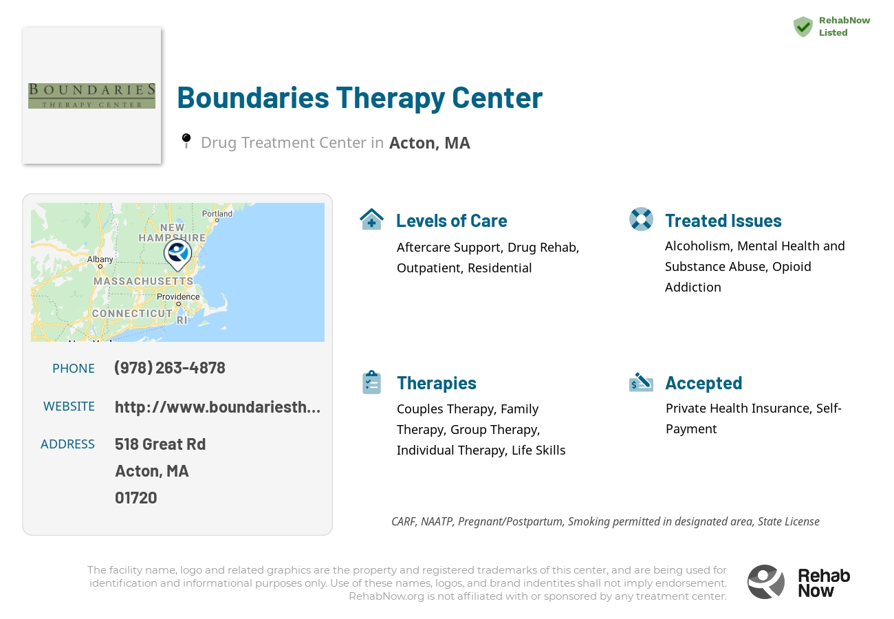 Helpful reference information for Boundaries Therapy Center, a drug treatment center in Massachusetts located at: 518 Great Rd, Acton, MA 01720, including phone numbers, official website, and more. Listed briefly is an overview of Levels of Care, Therapies Offered, Issues Treated, and accepted forms of Payment Methods.