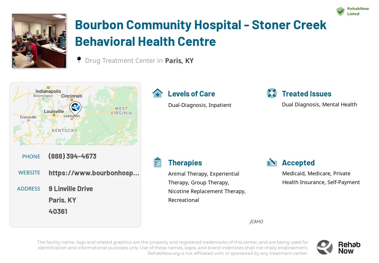 Helpful reference information for Bourbon Community Hospital - Stoner Creek Behavioral Health Centre, a drug treatment center in Kentucky located at: 9 Linville Drive, Paris, KY, 40361, including phone numbers, official website, and more. Listed briefly is an overview of Levels of Care, Therapies Offered, Issues Treated, and accepted forms of Payment Methods.