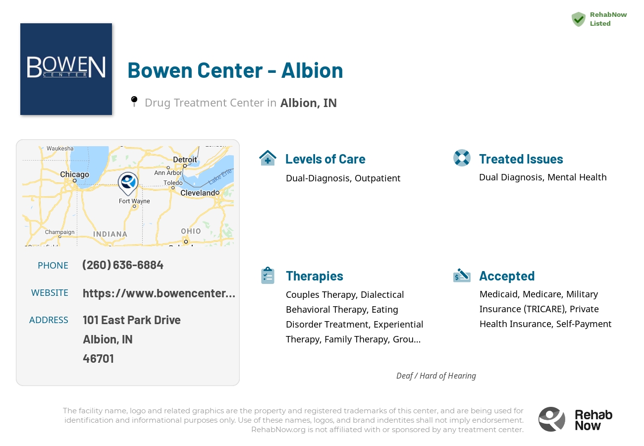 Helpful reference information for Bowen Center - Albion, a drug treatment center in Indiana located at: 101 East Park Drive, Albion, IN, 46701, including phone numbers, official website, and more. Listed briefly is an overview of Levels of Care, Therapies Offered, Issues Treated, and accepted forms of Payment Methods.
