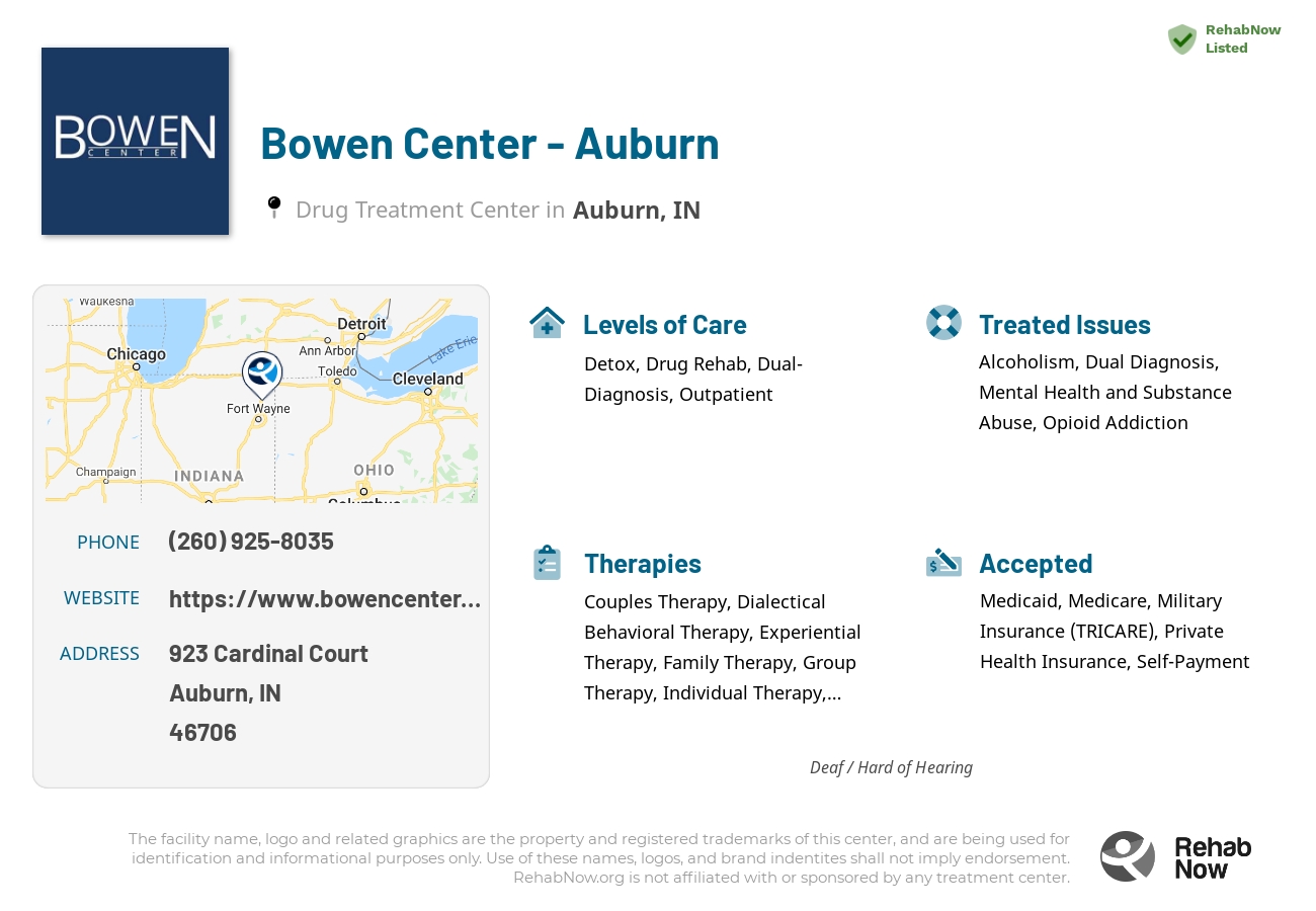 Helpful reference information for Bowen Center - Auburn, a drug treatment center in Indiana located at: 923 Cardinal Court, Auburn, IN, 46706, including phone numbers, official website, and more. Listed briefly is an overview of Levels of Care, Therapies Offered, Issues Treated, and accepted forms of Payment Methods.