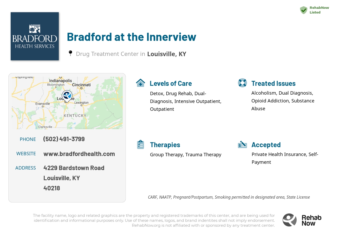 Helpful reference information for Bradford at the Innerview, a drug treatment center in Kentucky located at: 4229 Bardstown Road, Louisville, KY, 40218, including phone numbers, official website, and more. Listed briefly is an overview of Levels of Care, Therapies Offered, Issues Treated, and accepted forms of Payment Methods.