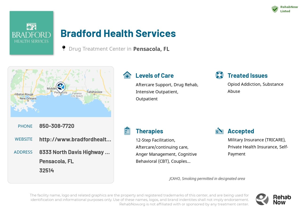 Helpful reference information for Bradford Health Services, a drug treatment center in Florida located at: 8333 North Davis Highway Suite LLA, Pensacola, FL 32514, including phone numbers, official website, and more. Listed briefly is an overview of Levels of Care, Therapies Offered, Issues Treated, and accepted forms of Payment Methods.
