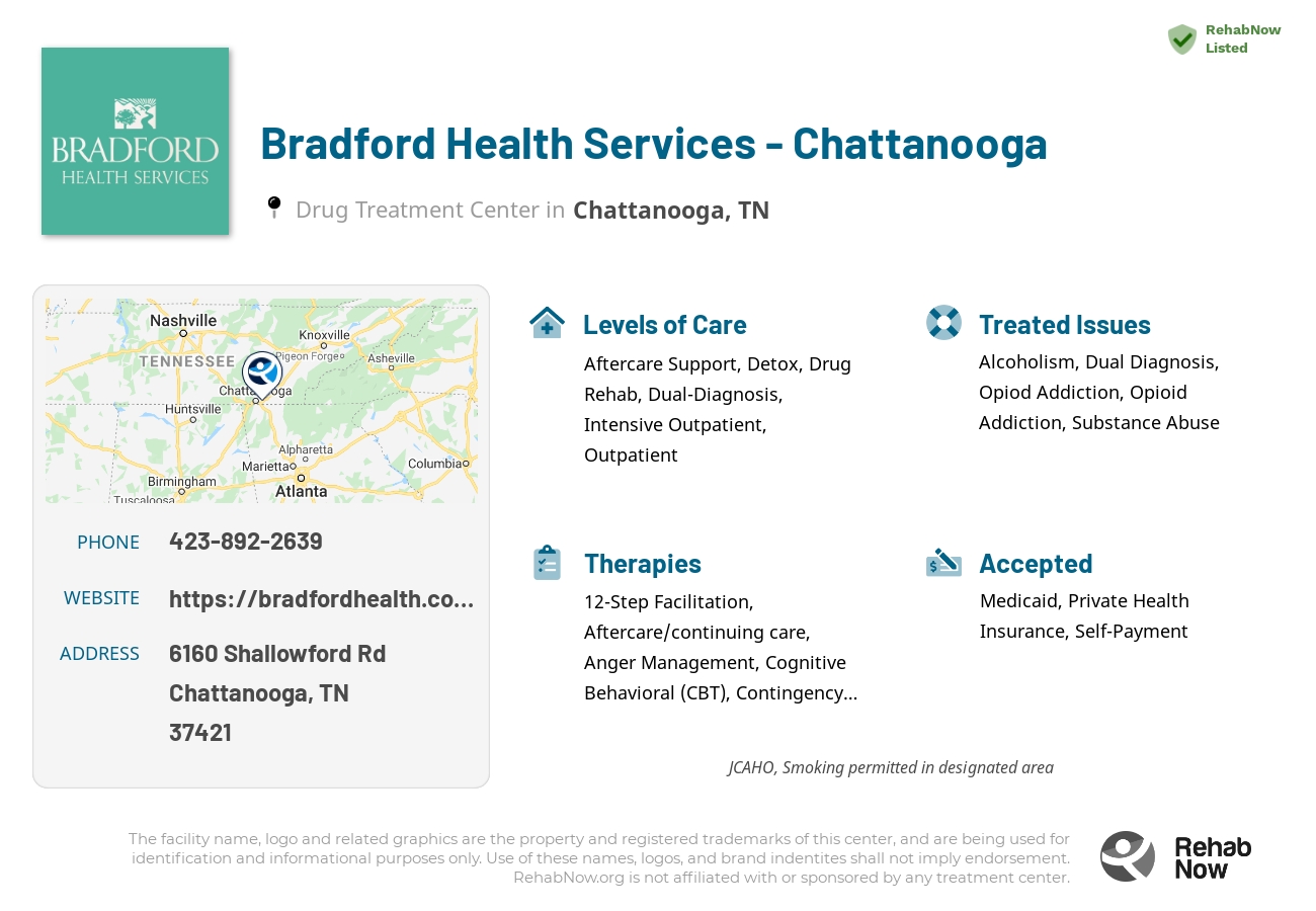 Helpful reference information for Bradford Health Services - Chattanooga, a drug treatment center in Tennessee located at: 6160 Shallowford Rd, Chattanooga, TN 37421, including phone numbers, official website, and more. Listed briefly is an overview of Levels of Care, Therapies Offered, Issues Treated, and accepted forms of Payment Methods.