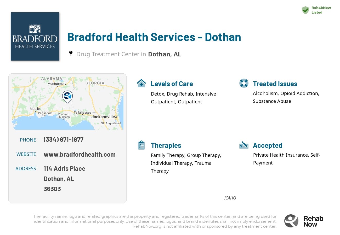 Helpful reference information for Bradford Health Services - Dothan, a drug treatment center in Alabama located at: 114 Adris Place, Dothan, AL, 36303, including phone numbers, official website, and more. Listed briefly is an overview of Levels of Care, Therapies Offered, Issues Treated, and accepted forms of Payment Methods.