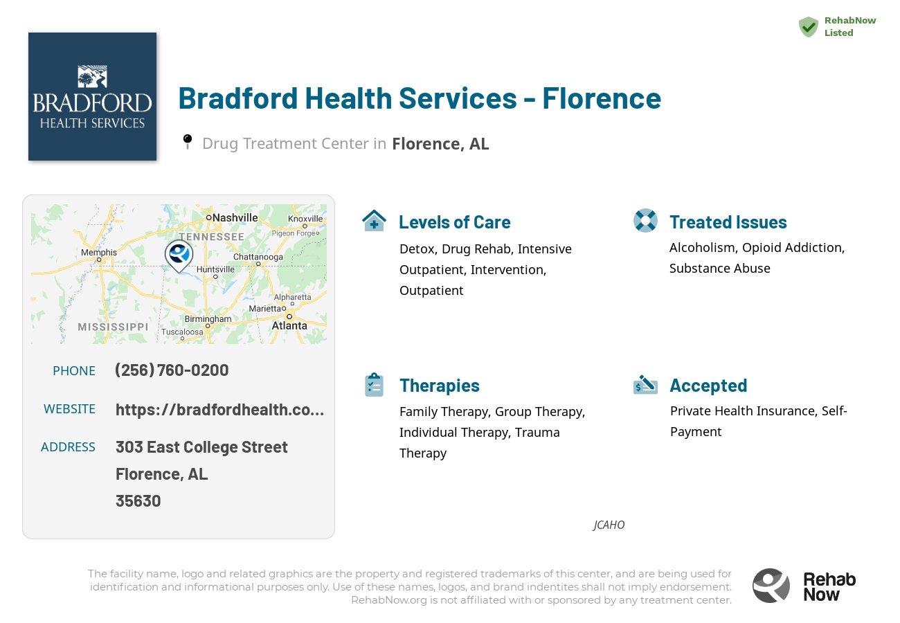 Helpful reference information for Bradford Health Services - Florence, a drug treatment center in Alabama located at: 303 East College Street, Florence, AL, 35630, including phone numbers, official website, and more. Listed briefly is an overview of Levels of Care, Therapies Offered, Issues Treated, and accepted forms of Payment Methods.