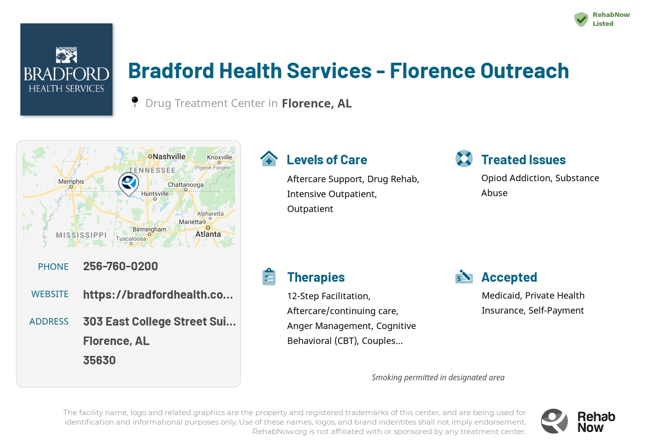 Helpful reference information for Bradford Health Services - Florence Outreach, a drug treatment center in Alabama located at: 303 East College Street Suite A, Florence, AL 35630, including phone numbers, official website, and more. Listed briefly is an overview of Levels of Care, Therapies Offered, Issues Treated, and accepted forms of Payment Methods.