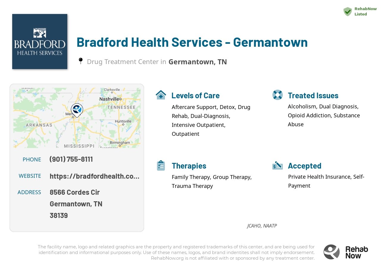 Helpful reference information for Bradford Health Services - Germantown, a drug treatment center in Tennessee located at: 8566 Cordes Cir, Germantown, TN 38139, including phone numbers, official website, and more. Listed briefly is an overview of Levels of Care, Therapies Offered, Issues Treated, and accepted forms of Payment Methods.