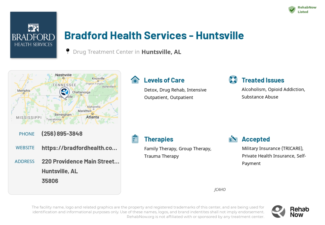 Helpful reference information for Bradford Health Services - Huntsville, a drug treatment center in Alabama located at: 220 Providence Main Street N.W, Huntsville, AL, 35806, including phone numbers, official website, and more. Listed briefly is an overview of Levels of Care, Therapies Offered, Issues Treated, and accepted forms of Payment Methods.