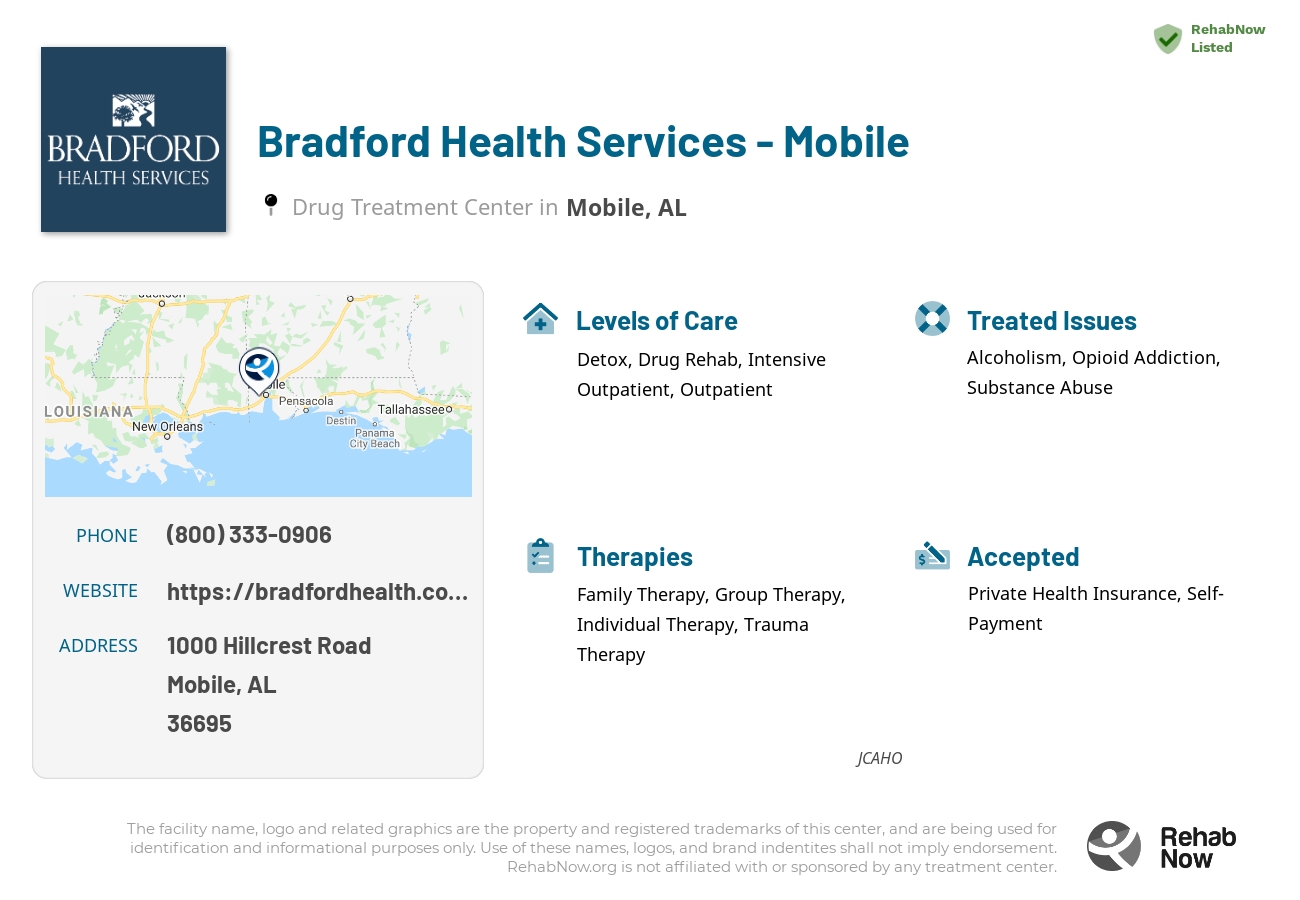 Helpful reference information for Bradford Health Services - Mobile, a drug treatment center in Alabama located at: 1000 Hillcrest Road, Mobile, AL, 36695, including phone numbers, official website, and more. Listed briefly is an overview of Levels of Care, Therapies Offered, Issues Treated, and accepted forms of Payment Methods.