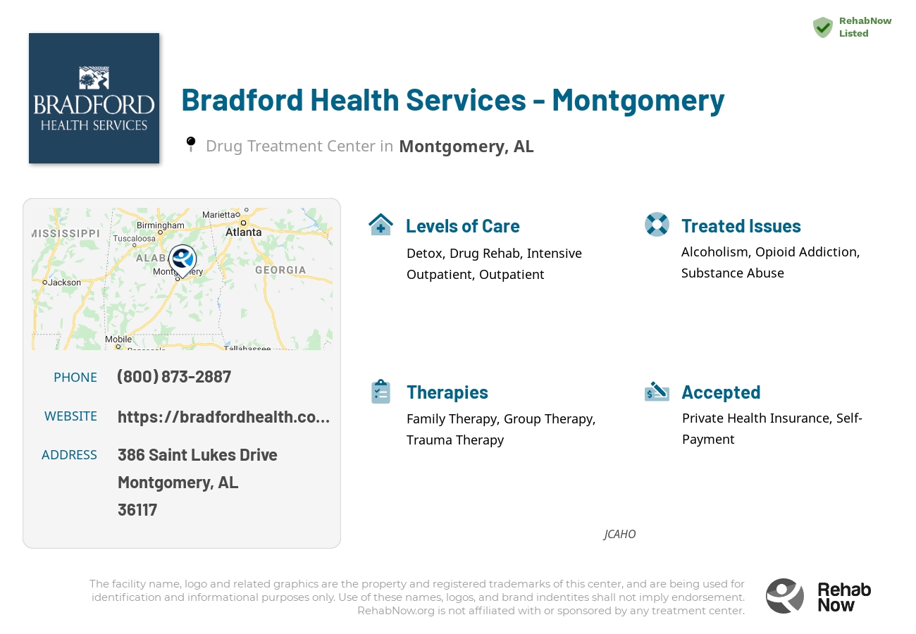 Helpful reference information for Bradford Health Services - Montgomery, a drug treatment center in Alabama located at: 386 Saint Lukes Drive, Montgomery, AL, 36117, including phone numbers, official website, and more. Listed briefly is an overview of Levels of Care, Therapies Offered, Issues Treated, and accepted forms of Payment Methods.