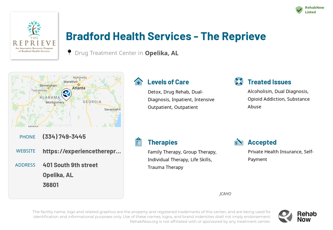 Helpful reference information for Bradford Health Services - The Reprieve, a drug treatment center in Alabama located at: 401 South 9th street, Opelika, AL, 36801, including phone numbers, official website, and more. Listed briefly is an overview of Levels of Care, Therapies Offered, Issues Treated, and accepted forms of Payment Methods.