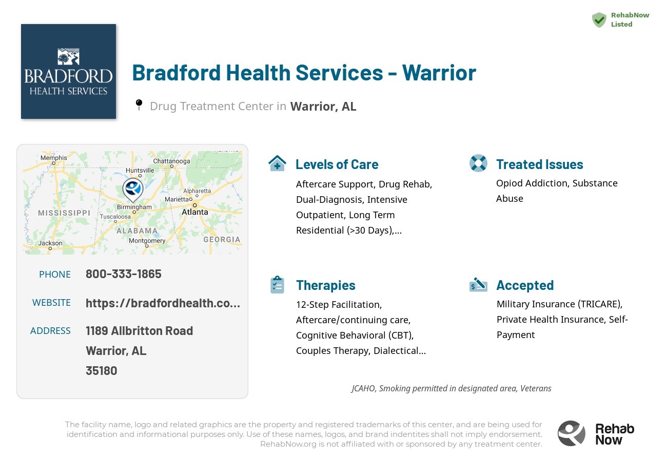 Helpful reference information for Bradford Health Services - Warrior, a drug treatment center in Alabama located at: 1189 Allbritton Road, Warrior, AL 35180, including phone numbers, official website, and more. Listed briefly is an overview of Levels of Care, Therapies Offered, Issues Treated, and accepted forms of Payment Methods.