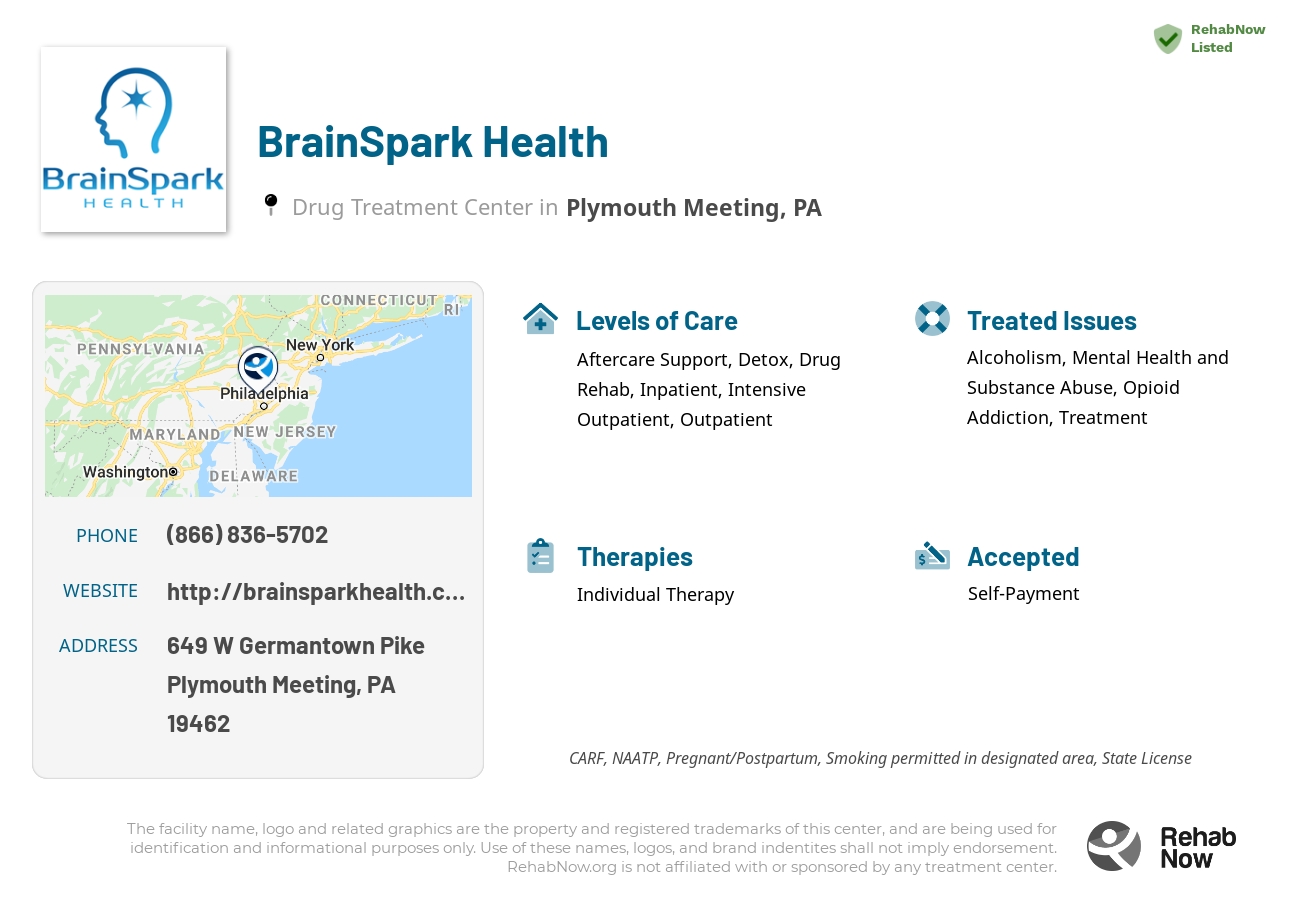 Helpful reference information for BrainSpark Health, a drug treatment center in Pennsylvania located at: 649 W Germantown Pike, Plymouth Meeting, PA 19462, including phone numbers, official website, and more. Listed briefly is an overview of Levels of Care, Therapies Offered, Issues Treated, and accepted forms of Payment Methods.