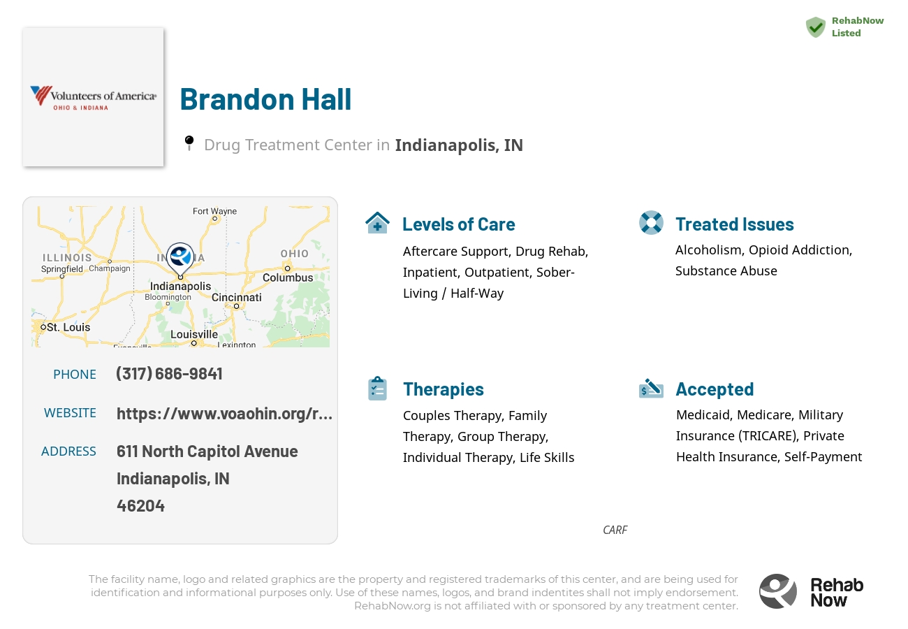 Helpful reference information for Brandon Hall, a drug treatment center in Indiana located at: 611 North Capitol Avenue, Indianapolis, IN, 46204, including phone numbers, official website, and more. Listed briefly is an overview of Levels of Care, Therapies Offered, Issues Treated, and accepted forms of Payment Methods.